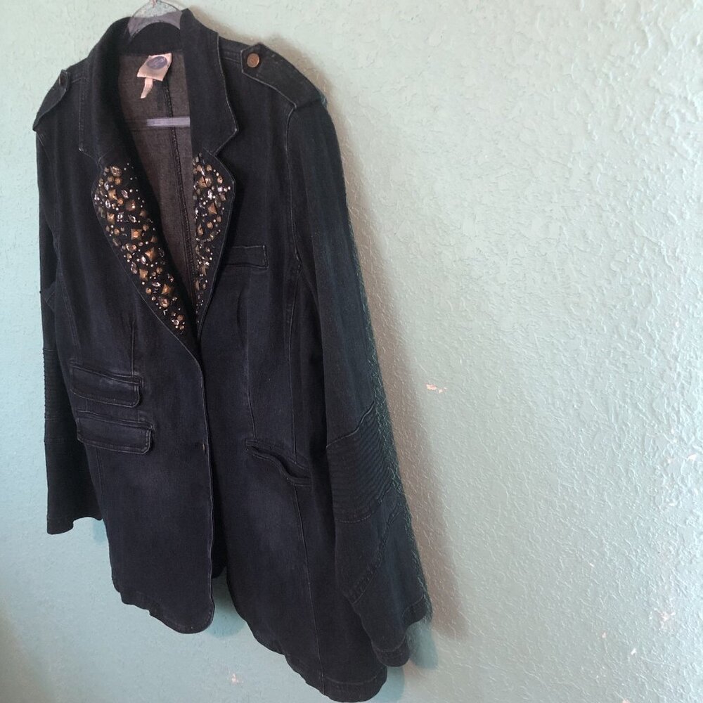 DG2 Diane Gilman Black Denim Blazer Jacket Size 2X Rhinestones Bejeweled Studded - Picture 5 of 12